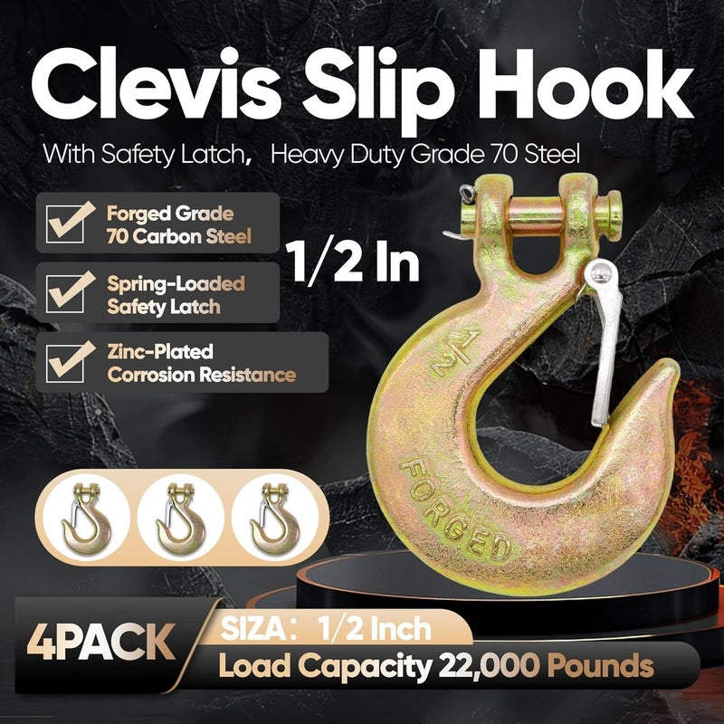 Terixe 1/2 in Clevis Slip Hook with Safety Latch 4 Pack - 22000LBS Capacity Heavy Duty Trailer Chain Hooks for Lifting, Winching, Towing & Industrial Use - Image 2
